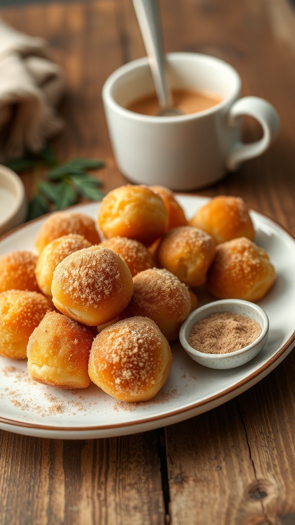 A plate of cinnamon sugar-coated baked donut holes on a wooden table with a cup of coffee.